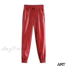 Amy Fashion - Fashion Side Pockets Faux Leather Jogging Pants