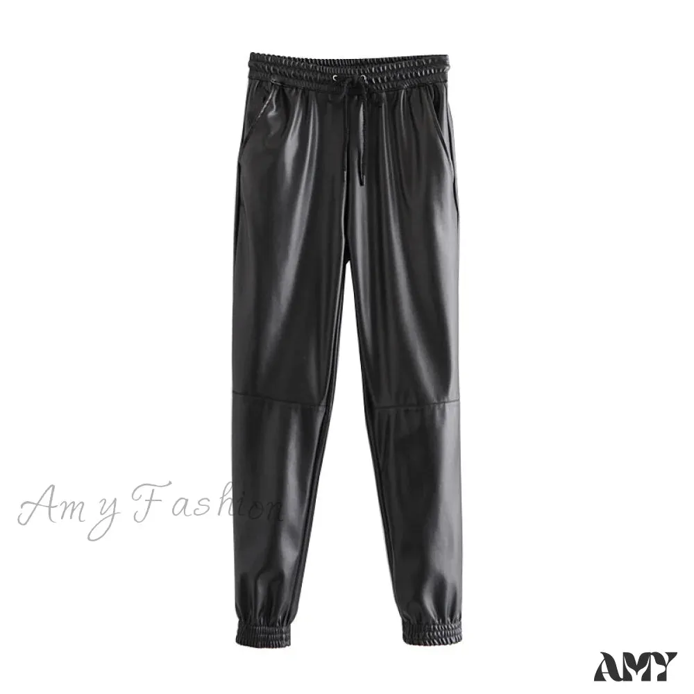 Amy Fashion - Fashion Side Pockets Faux Leather Jogging Pants