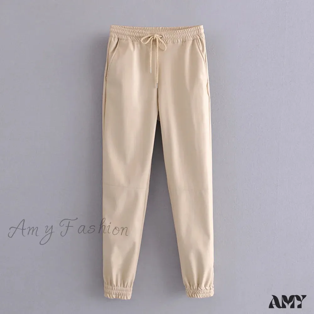 Amy Fashion - Fashion Side Pockets Faux Leather Jogging Pants