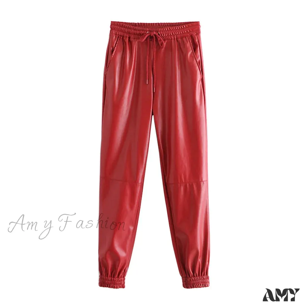Amy Fashion - Fashion Side Pockets Faux Leather Jogging Pants
