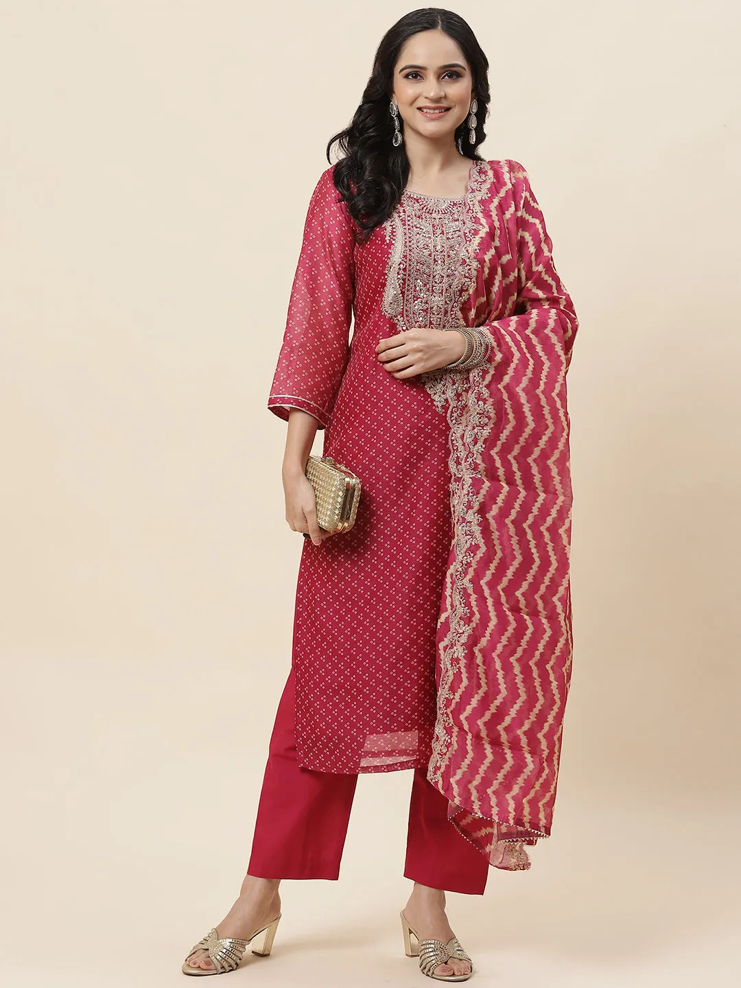 Bandhani Printed Chanderi Kurta With Pants & Dupatta
