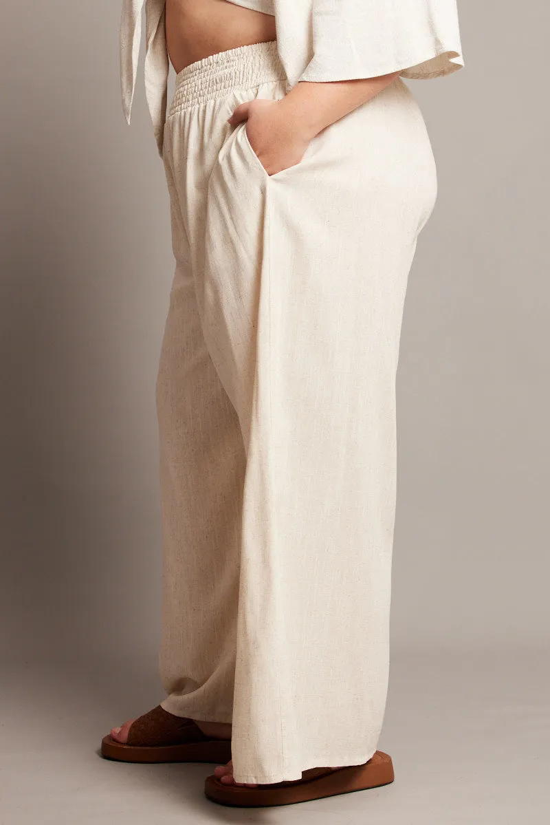 Beige Shirred Waist Wide Leg Pants