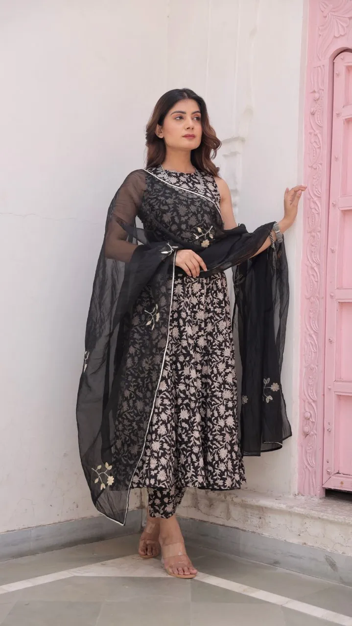 Black Jaal Handblock Cotton Anarkali with Organza gota work Dupatta