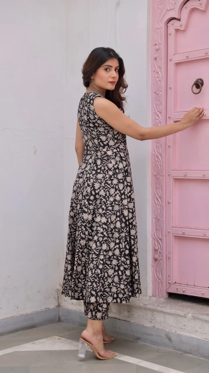 Black Jaal Handblock Cotton Anarkali with Organza gota work Dupatta