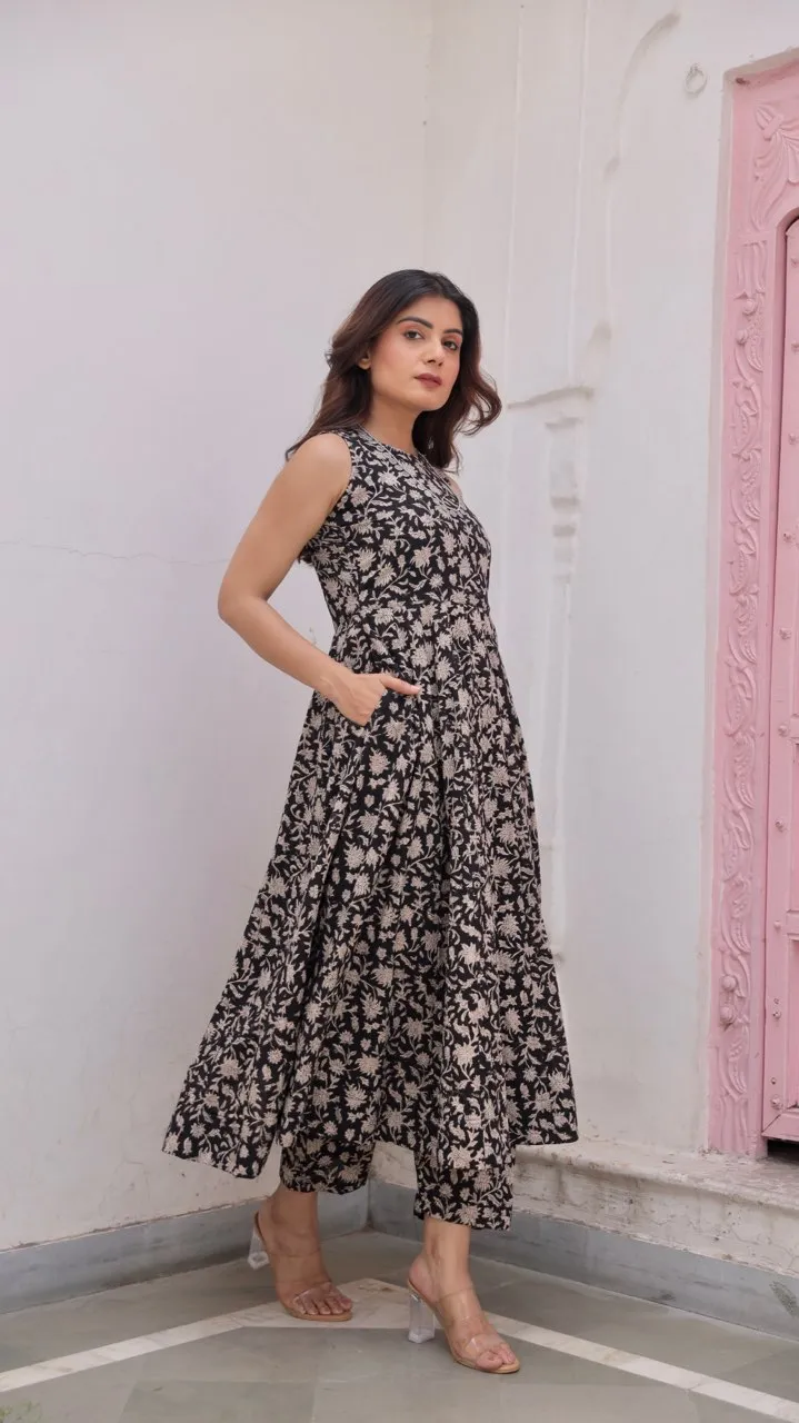 Black Jaal Handblock Cotton Anarkali with Organza gota work Dupatta