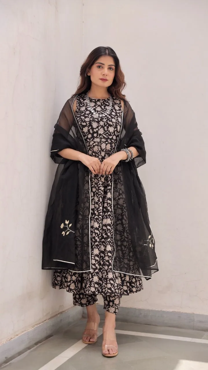 Black Jaal Handblock Cotton Anarkali with Organza gota work Dupatta