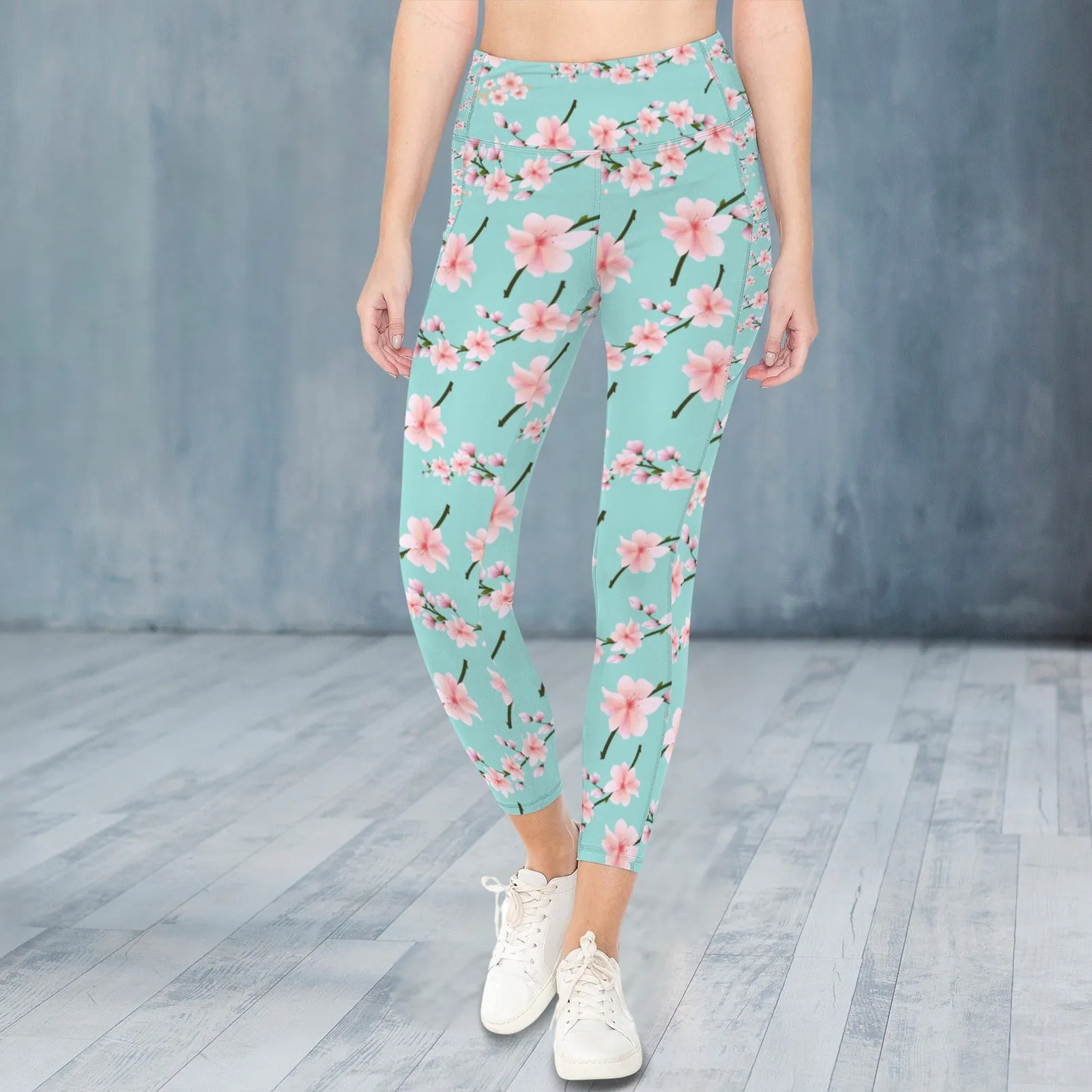 Japanese Pink Flowers Blue Leggings with Pockets up to 5 XL (FWS)