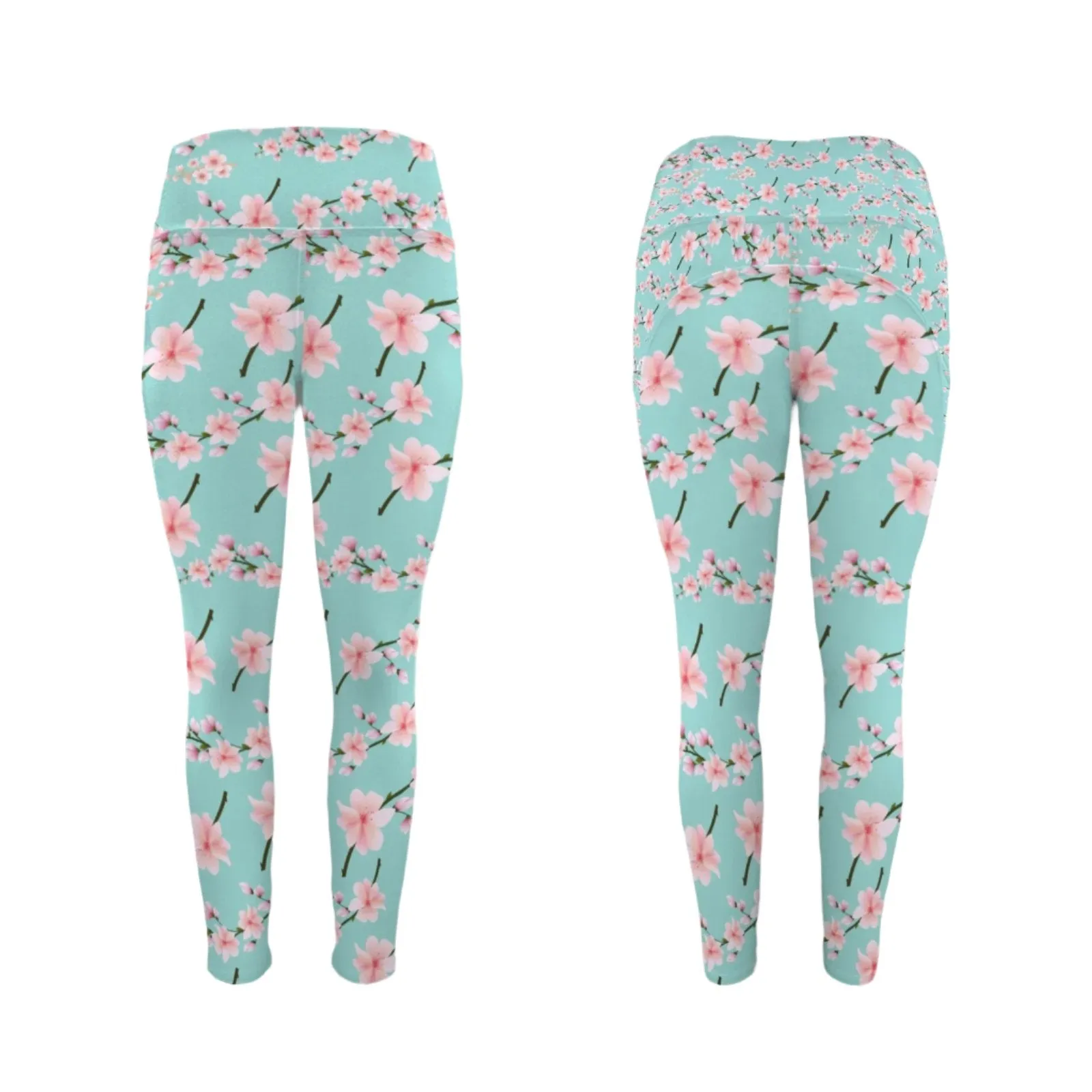 Japanese Pink Flowers Blue Leggings with Pockets up to 5 XL (FWS)