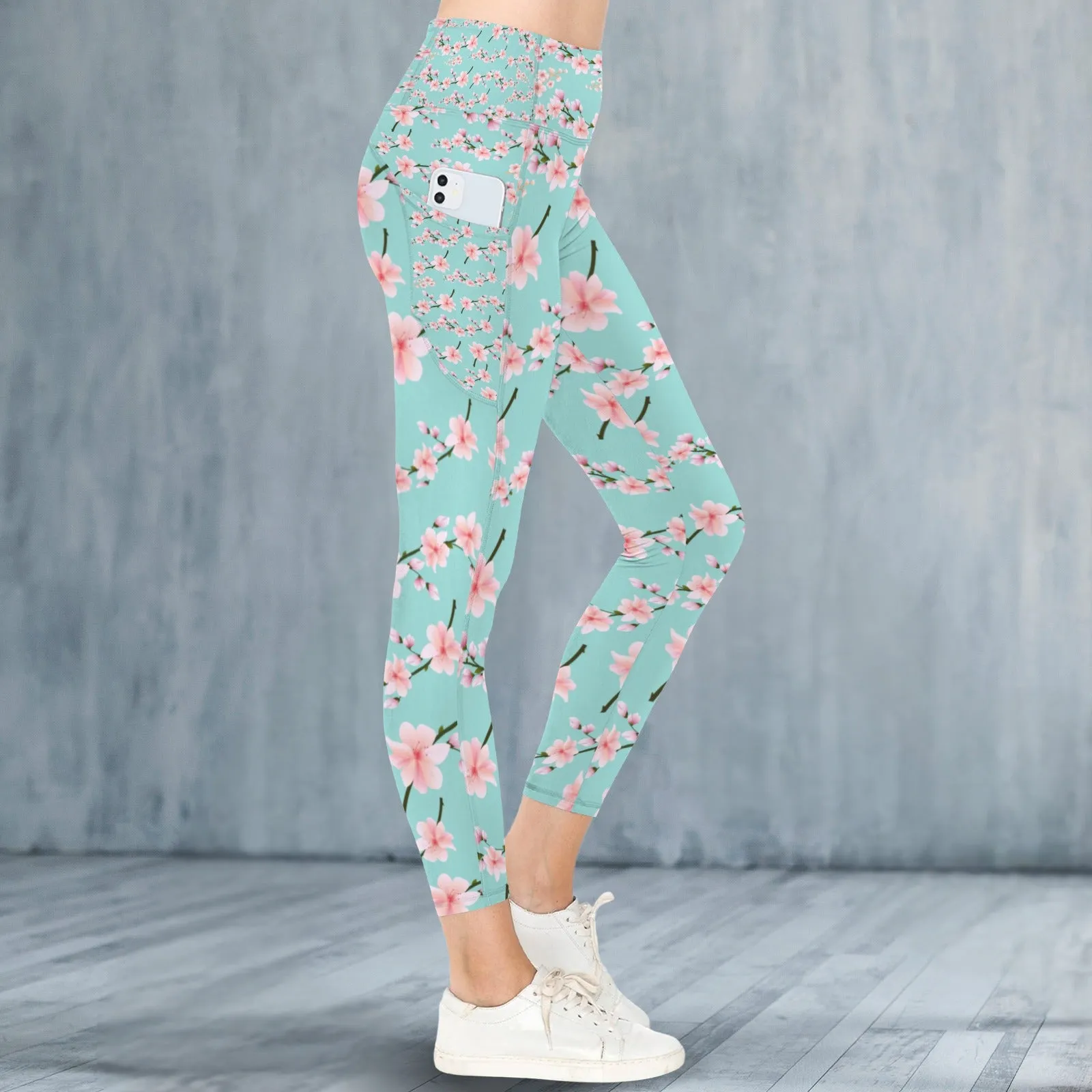 Japanese Pink Flowers Blue Leggings with Pockets up to 5 XL (FWS)