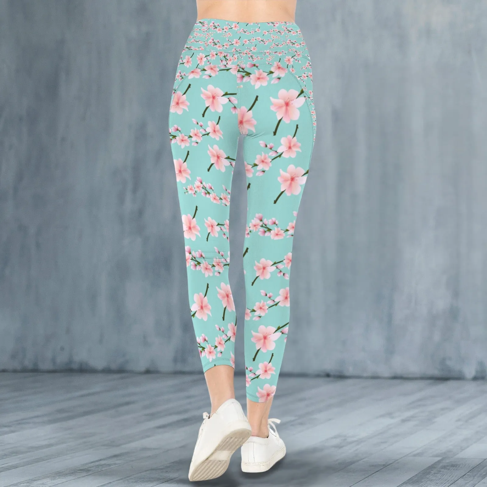Japanese Pink Flowers Blue Leggings with Pockets up to 5 XL (FWS)