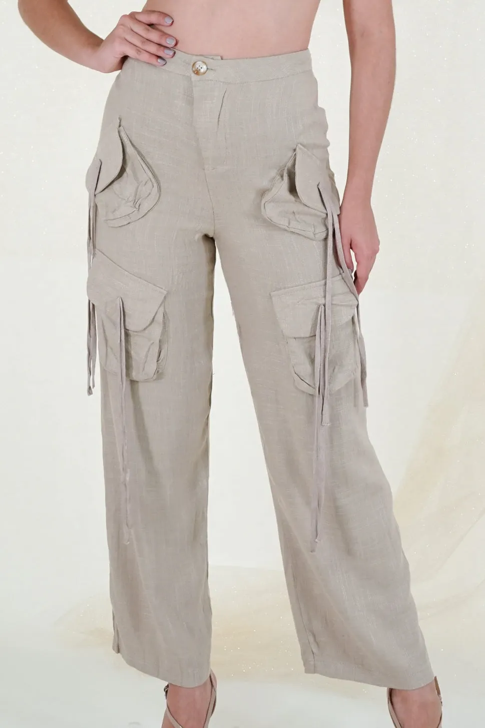 Khaki Linen Cargo Pants Set