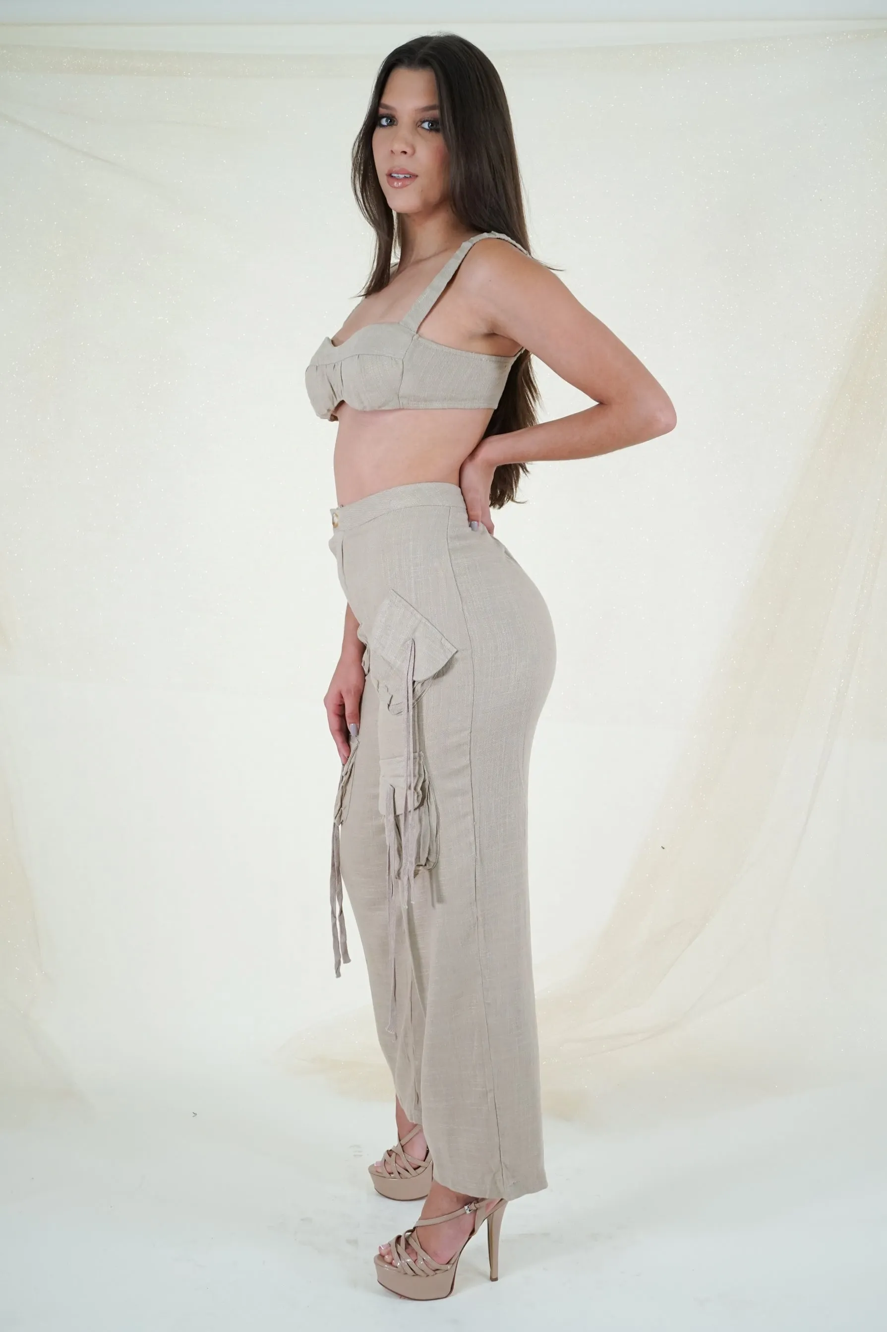 Khaki Linen Cargo Pants Set