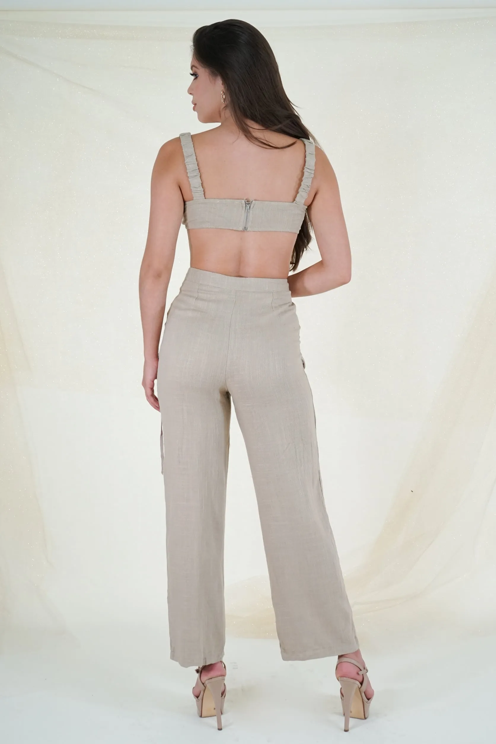 Khaki Linen Cargo Pants Set