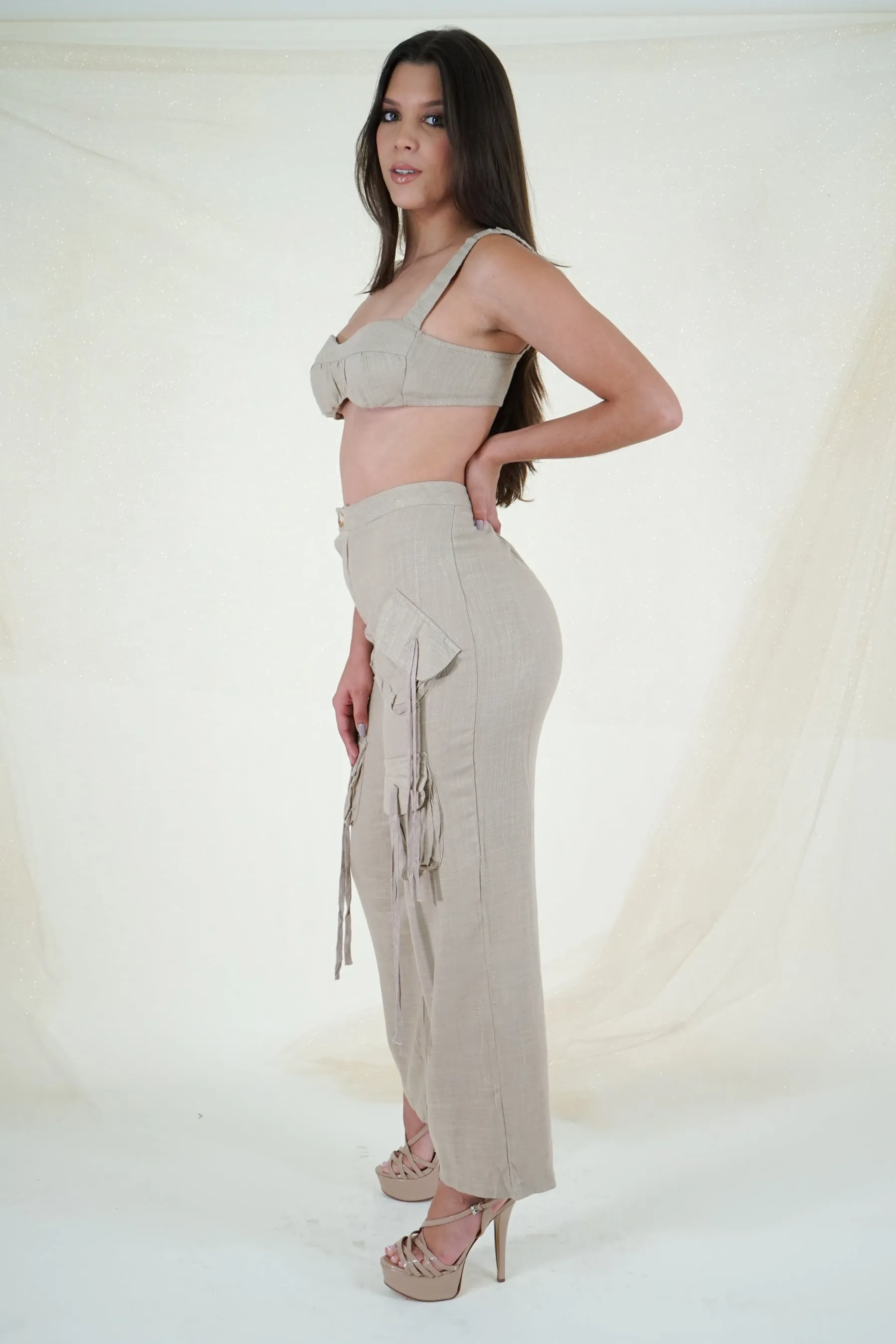 Khaki Linen Cargo Pants Set