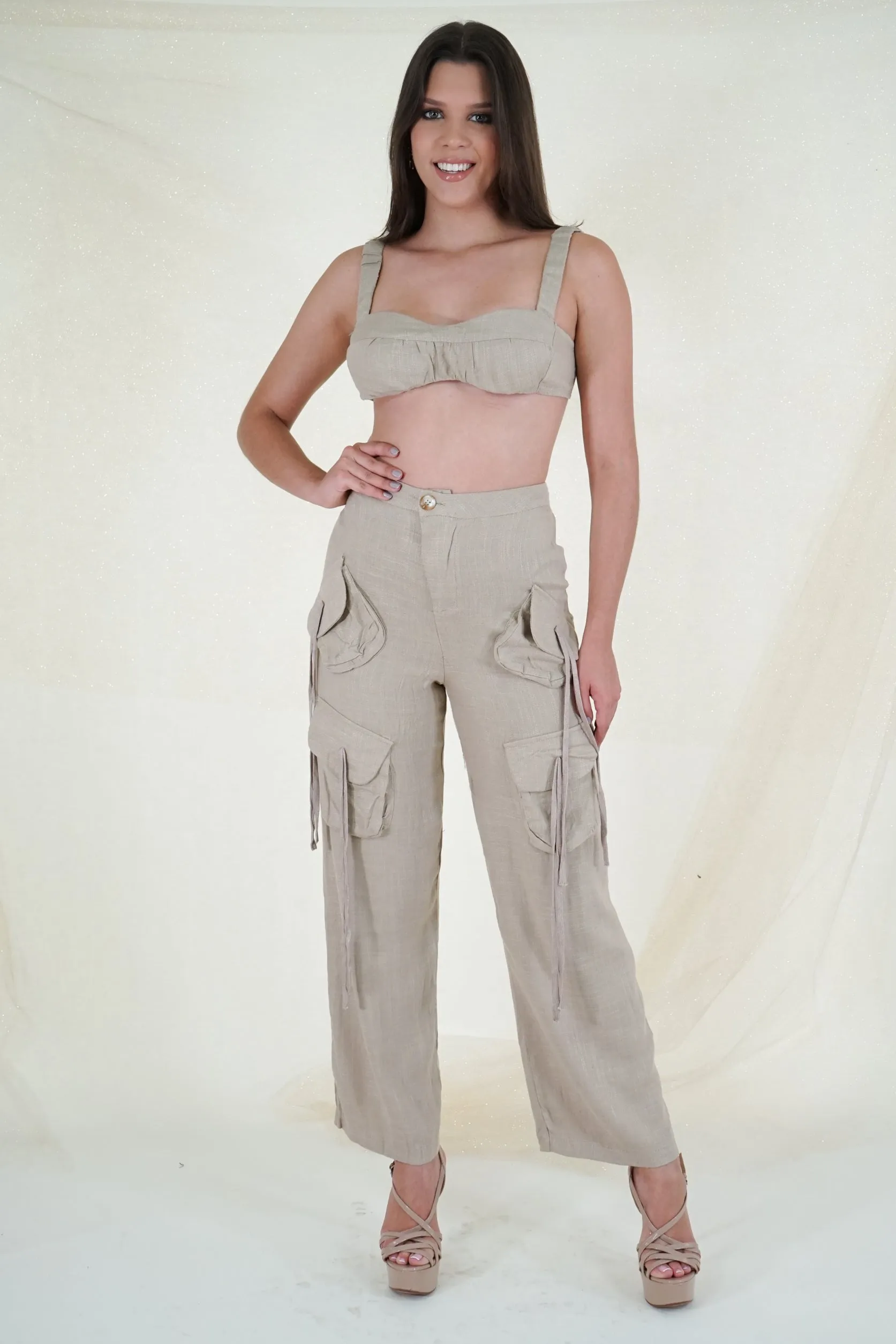 Khaki Linen Cargo Pants Set
