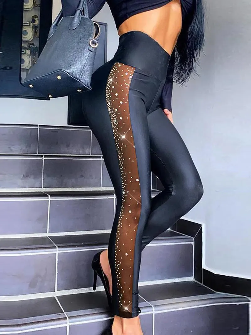 Rhinestone Mesh Stitching Tight Trousers